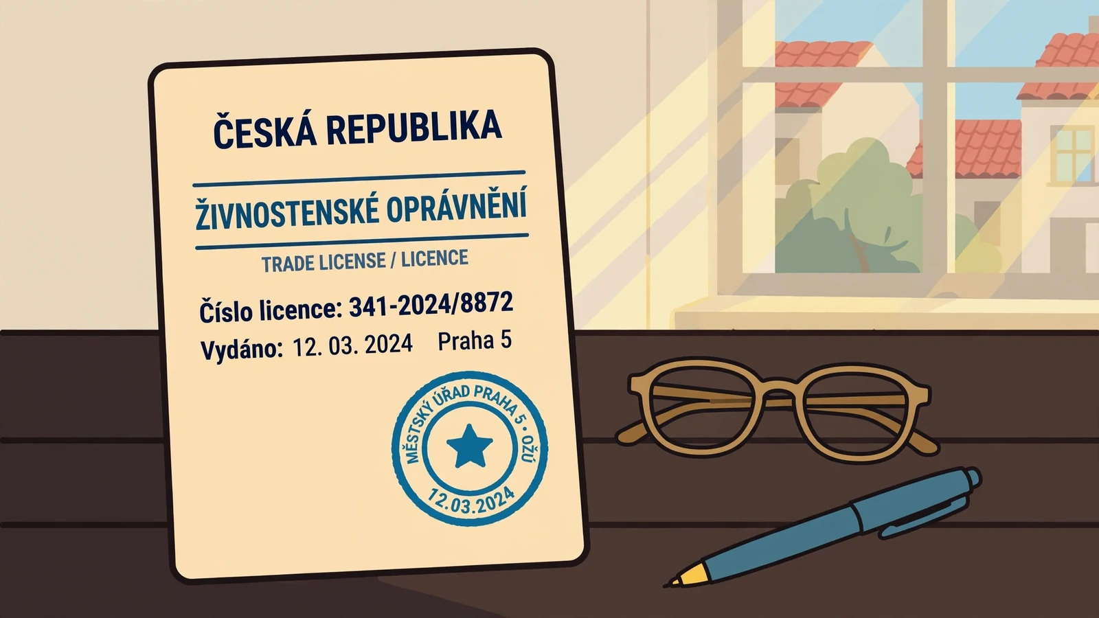 Úřední dokument s razítkem a číslem licence na pracovním stole.