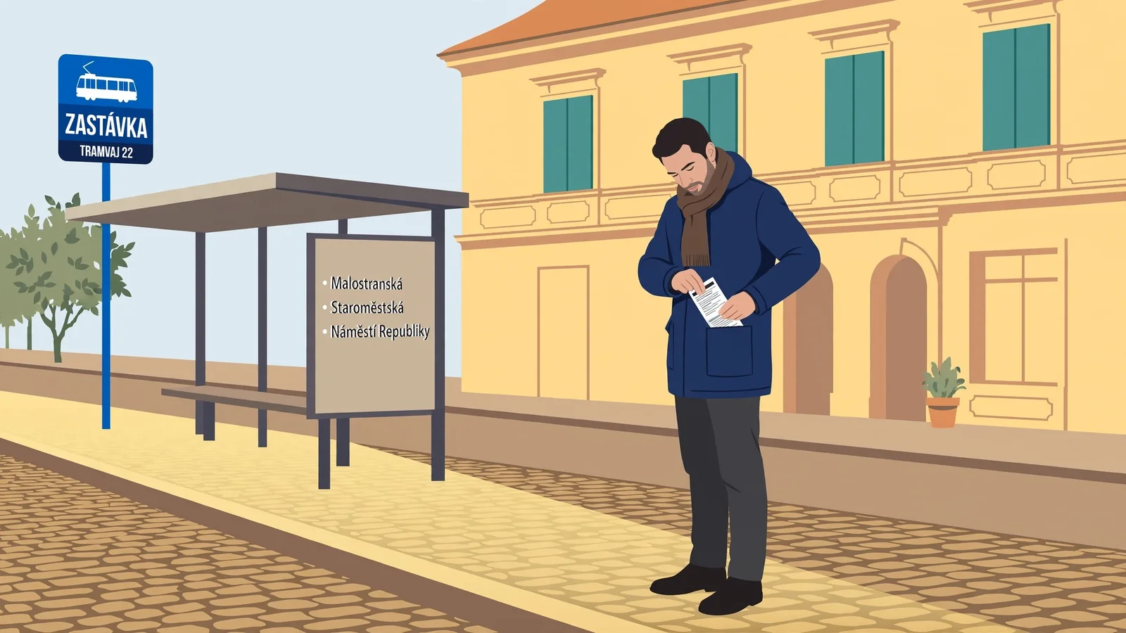 Zákazník na tramvajové zastávce čte leták pozorně.