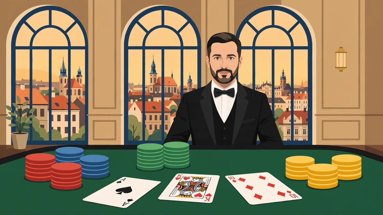 Stůl s blackjackem, rozdané karty a žetony v elegantním kasinu s výhledem na české město.