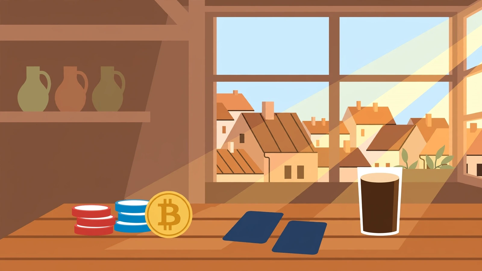 Zlatá mince bitcoinu a pokerové žetóny na stole v české hospodě