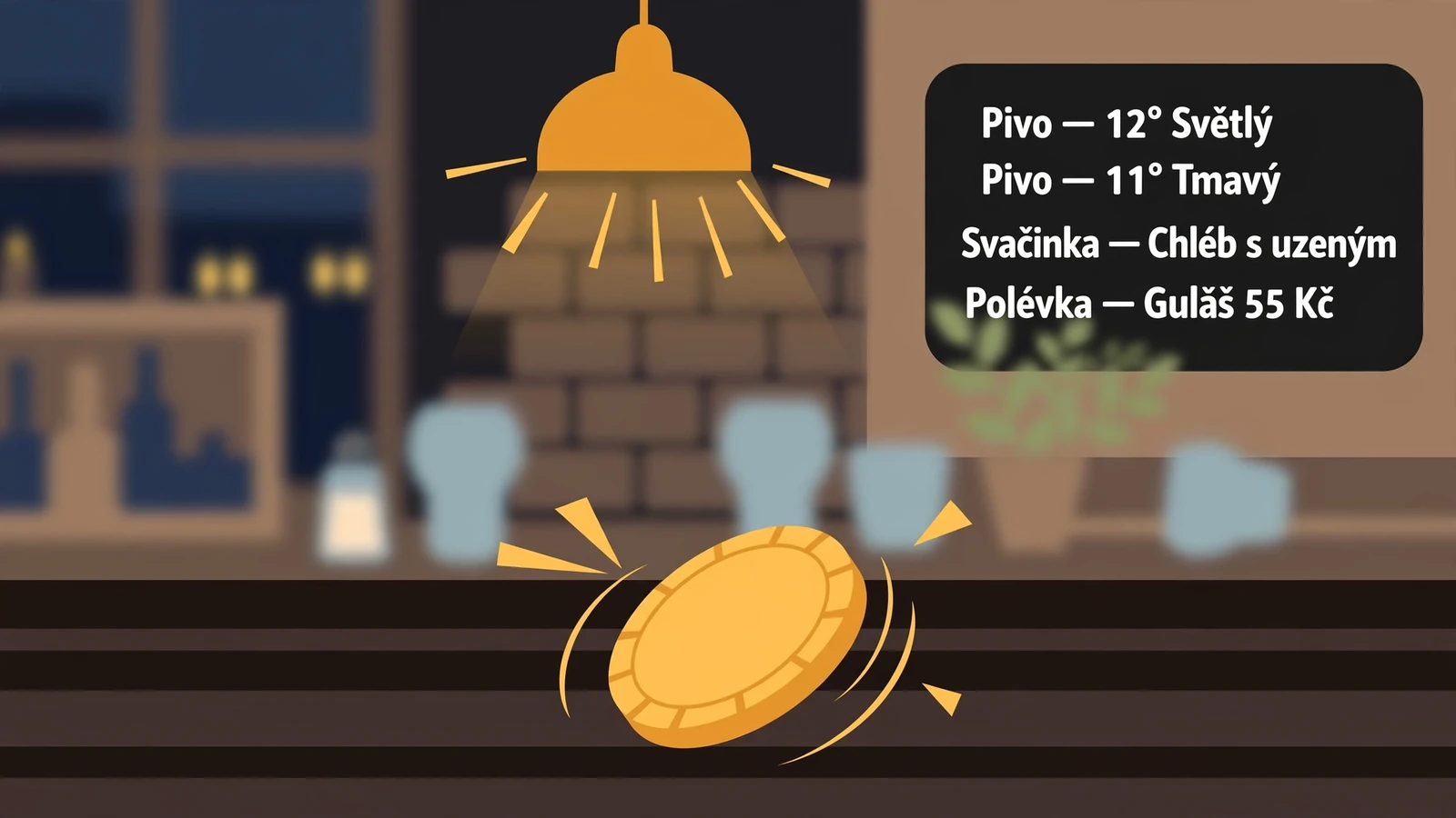 Třpytivá mince na dřevěném baru v české hospůdce za teplého osvětlení.