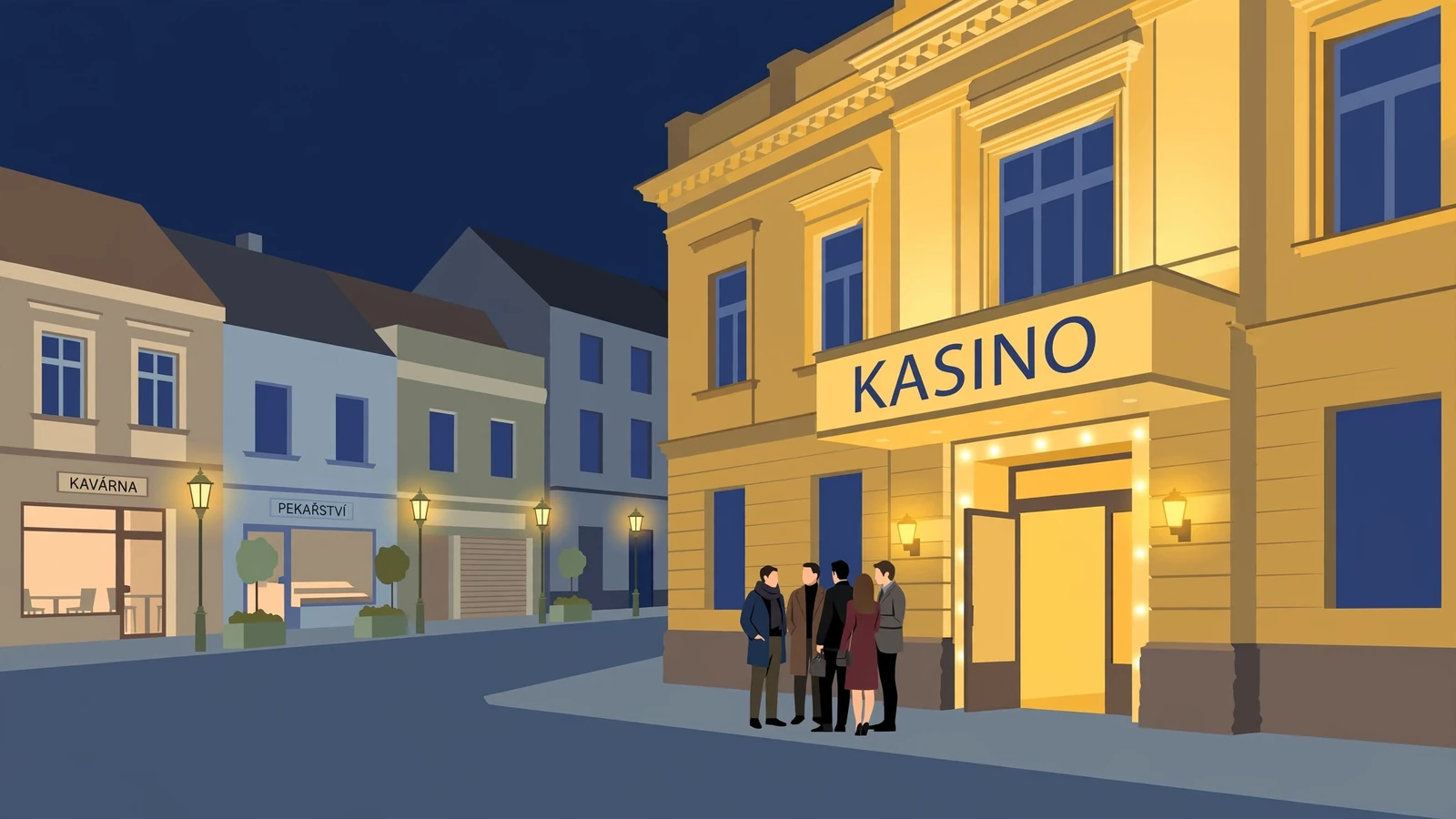 Večerní pohled na vstup do kasina v centru Ostravy s lidmi u vchodu